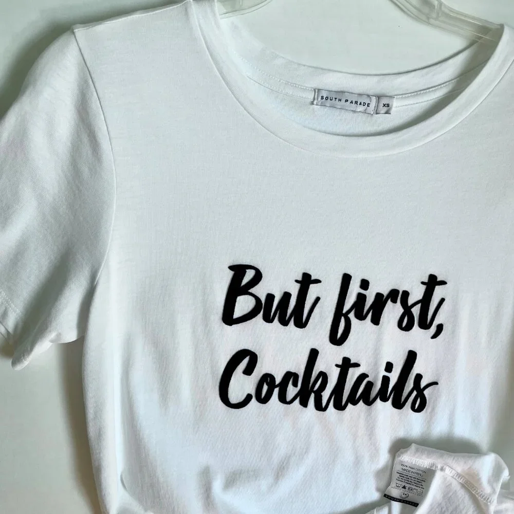 SOUTH PARADE Lola Top But First Cocktails Short Sleeve Cotton Tee White Black XS - Picture 7 of 9